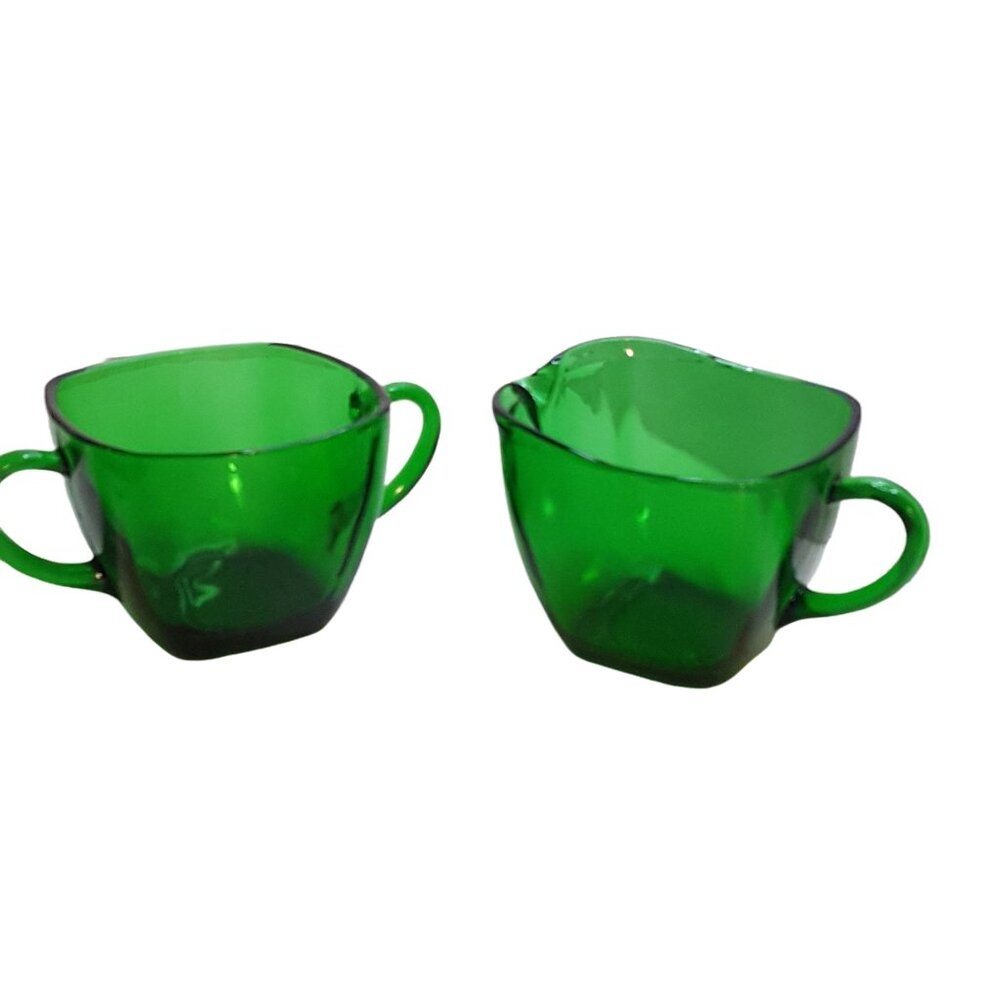 Vintage Anchor Hocking Forest Green Charm Square Creamer & Sugar‎ Bowl